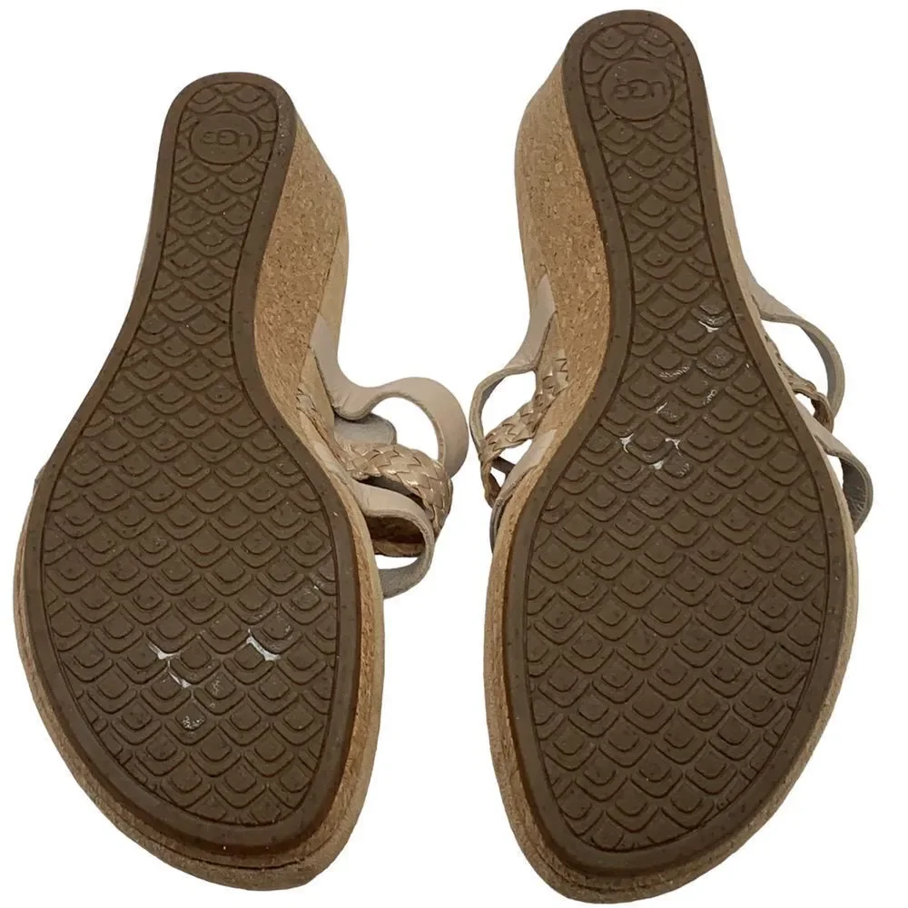 Ugg Women's Maddie Sandals Beige Leather Cork Wedge Slip On Strappy Size 10‎